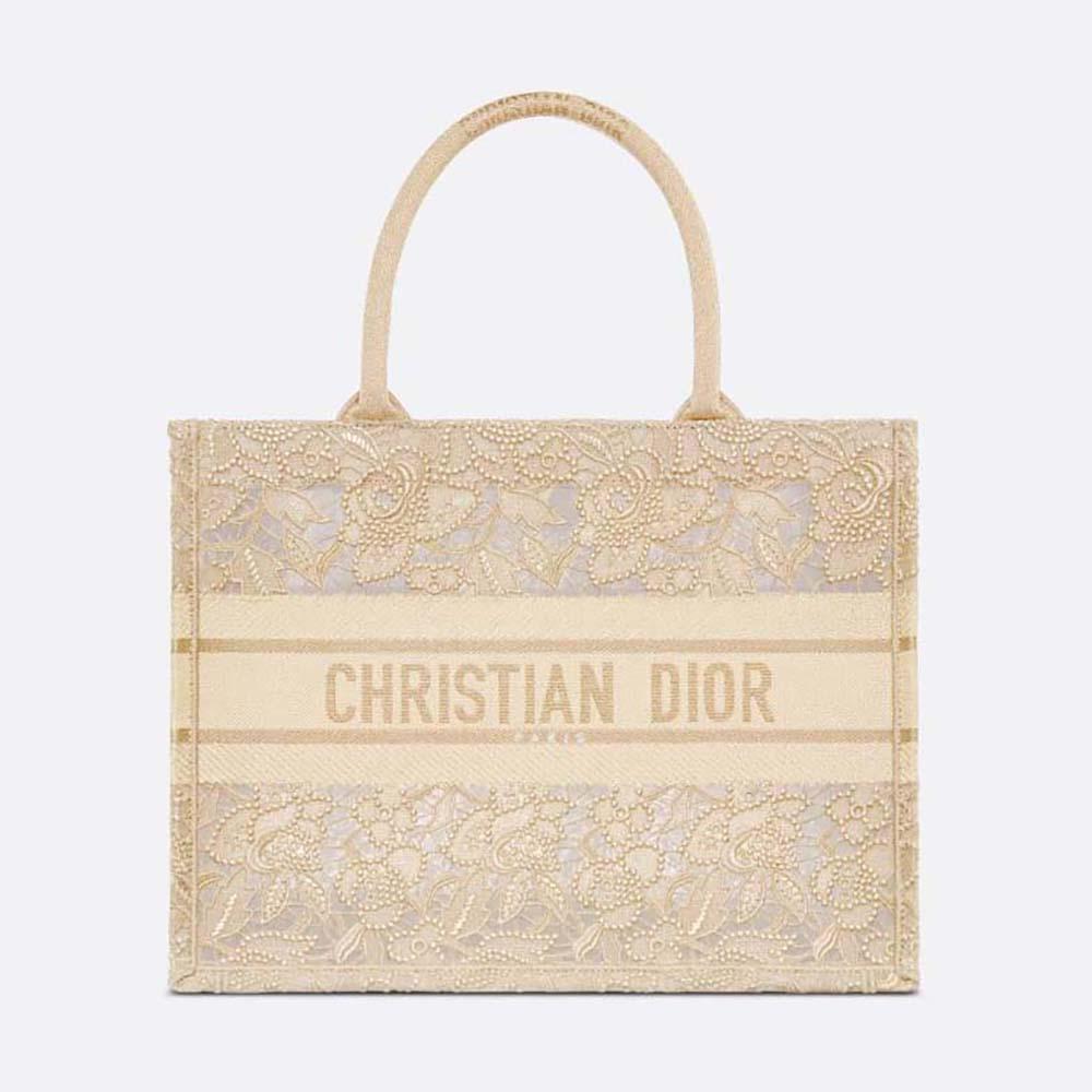 Dior Women Medium Dior or Dior Book Tote Gold-Tone D-Lace Embroidery with Macramé Effect